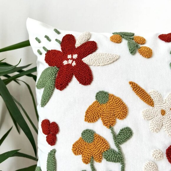 Handmade Punch Needle Pillow Cover: Tufted Floral Embroidered Cushion (16"x16") - Picture 4 of 4